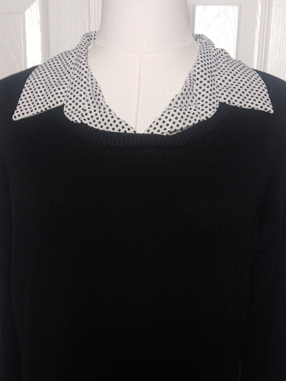 Adrianna Papell Black Layered Twofer Sweater Polka Dot Collar Hem - Picture 3 of 12